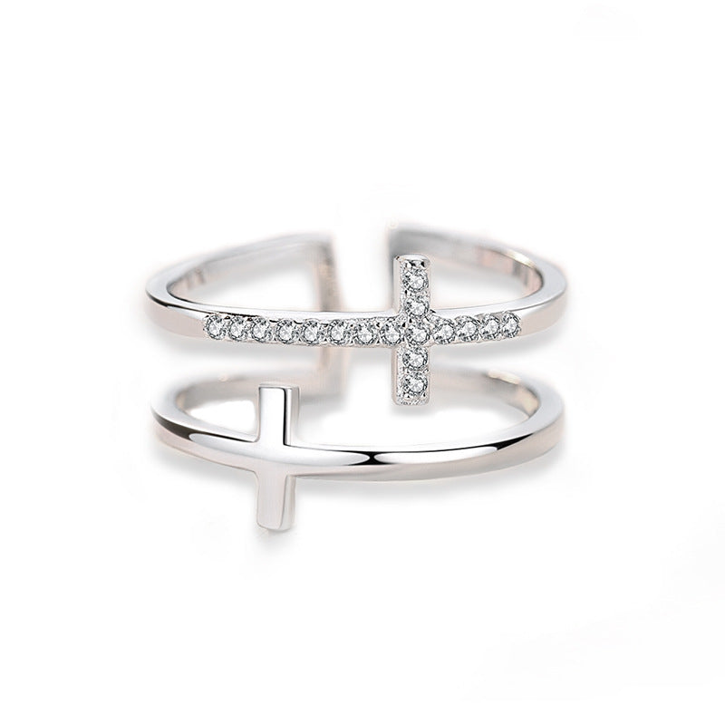 Double Cross Miniature Ring: Elegant Copper Design with Inlaid Zircon – Perfect for Adding a Touch of Sparkle and Sophistication to Any Look CJ