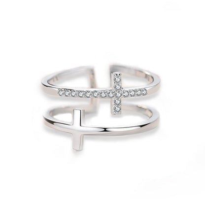 Double Cross Miniature Ring: Elegant Copper Design with Inlaid Zircon – Perfect for Adding a Touch of Sparkle and Sophistication to Any Look CJ