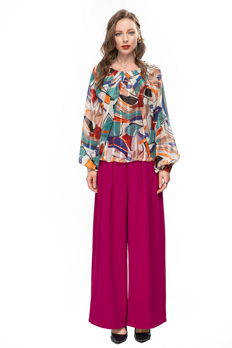Chic French-inspired set: fashionable printed top and wide-leg trousers, perfect for a stylish, elegant look. A&S Collection