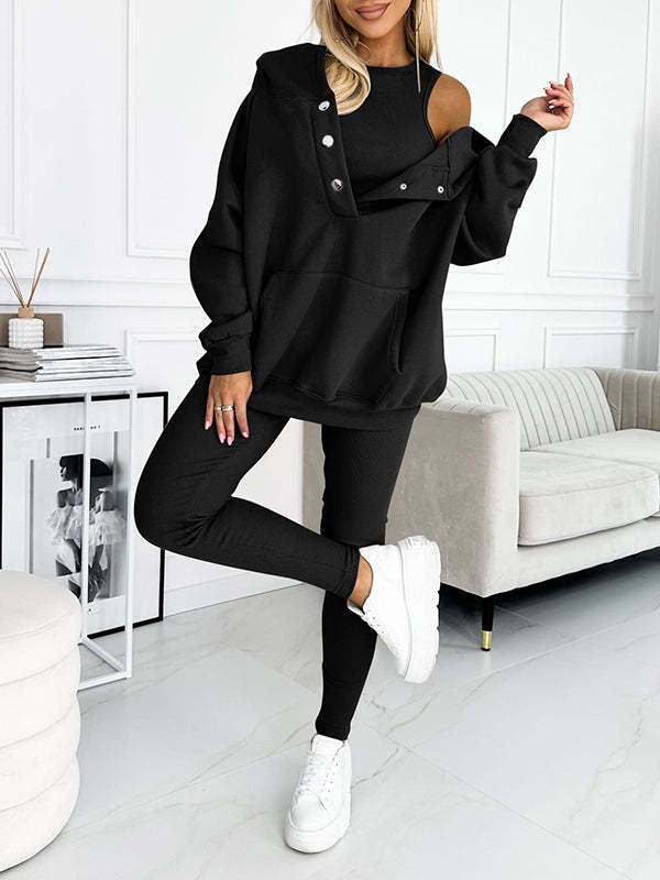 3pcs Women's Sports Suit Loose Hooded Pockets Sweatshirt And Vest And Slim Trousers A&S Collection