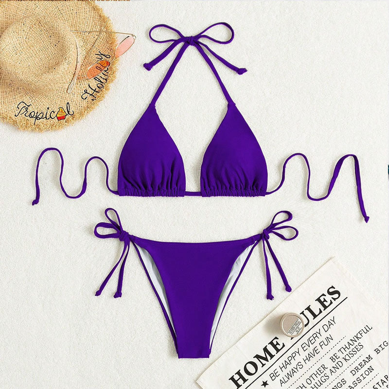 Pure Color Tied Halter Bikini Swimsuit CJ