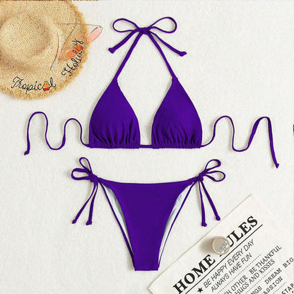 Pure Color Tied Halter Bikini Swimsuit CJ