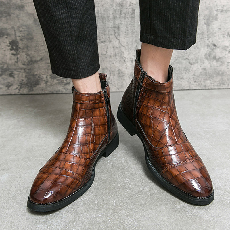 Men's Crocodile Pattern Boots Fashion Pointed Toe Low Square Heel Buckle Zipper Ankle Boots Business Formal Leather Shoes A&S Collection