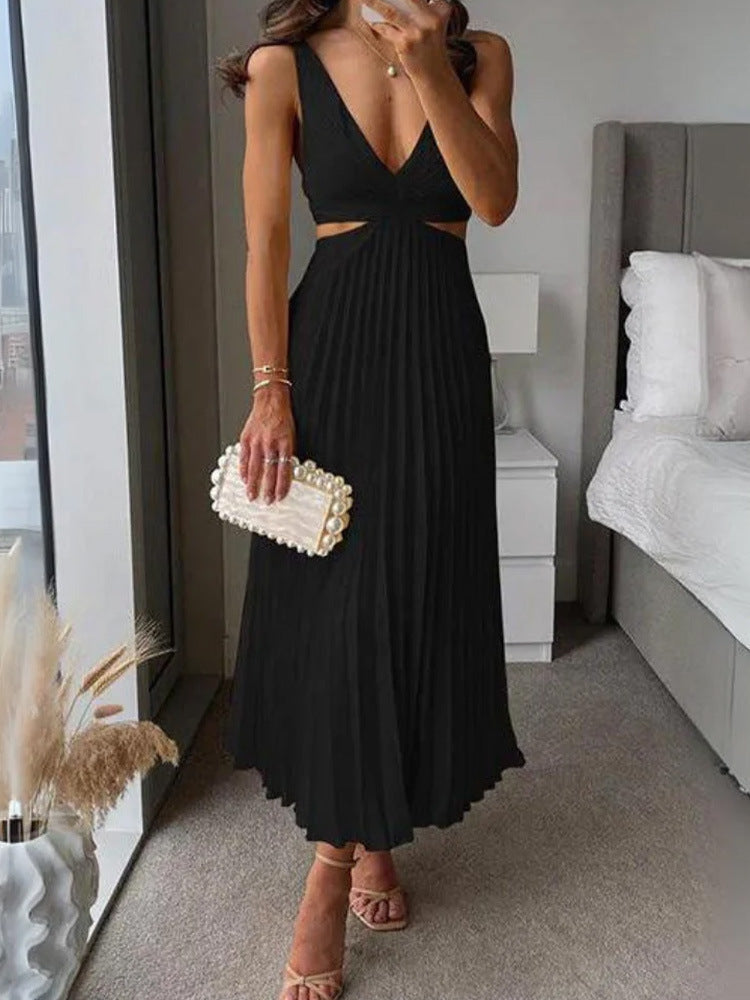 Ins Suspender Pleated Long Dress With Hollow-waisted Design Fashion V-neck Backless Dresses Summer Women's Clothing A&S Collection