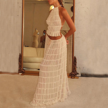 2pcs Women's Dress Suit Sexy Sleeveless Backless Cropped Halter Top And Pleated Long Skirt Beach Clothing A&S Collection