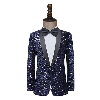 Stunning navy blue sequined tuxedo jacket with a black satin lapel, perfect for formal events. A&S Collection