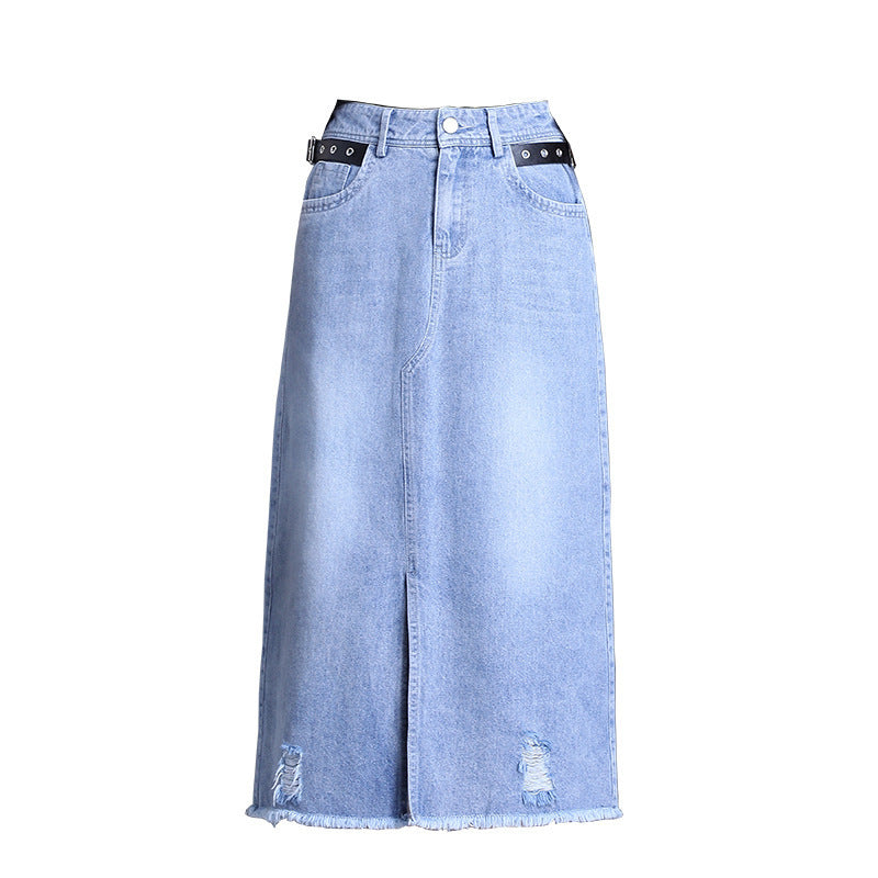 Trendy Korean front slit denim skirt, summer slimming and chic A&S Collection