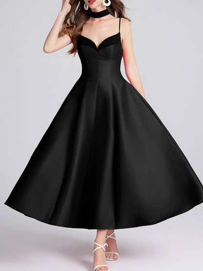 Sweetheart Spaghetti Strap Midi Dress with Collar.