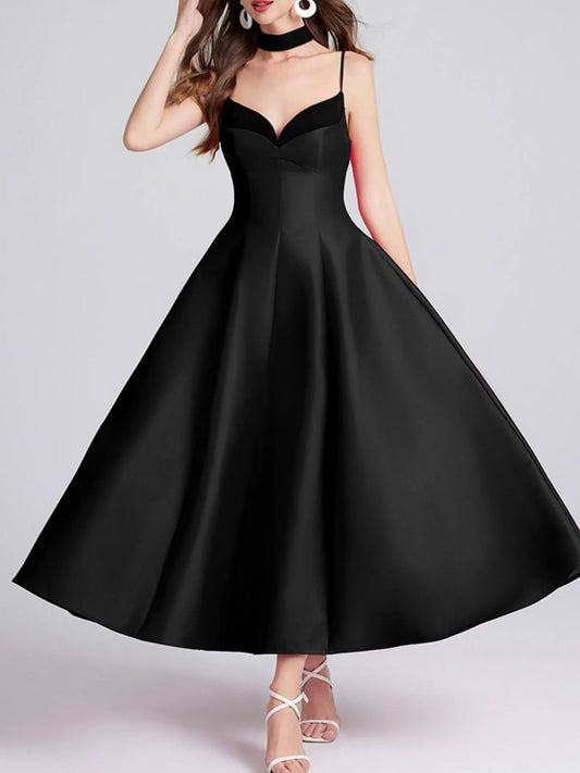 Sweetheart Spaghetti Strap Midi Dress with Collar.