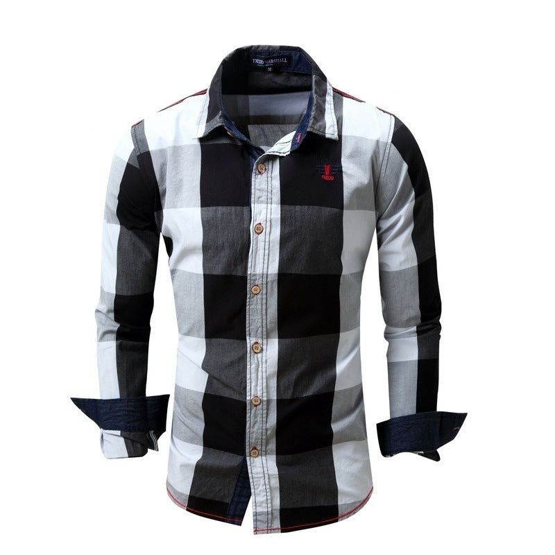 Foreign trade new European and American men's leisure long sleeve shirt plaid patchwork shirt casual fashion shirt A&S Collection