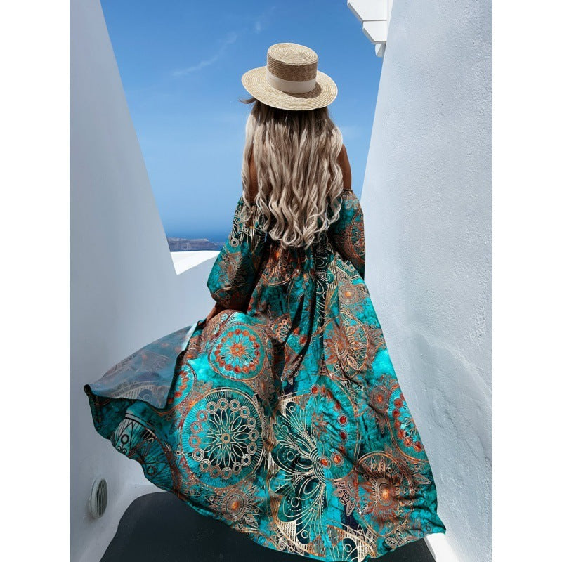 Europe and the United States summer new line collar long sleeve chest print long dress A&S Collection