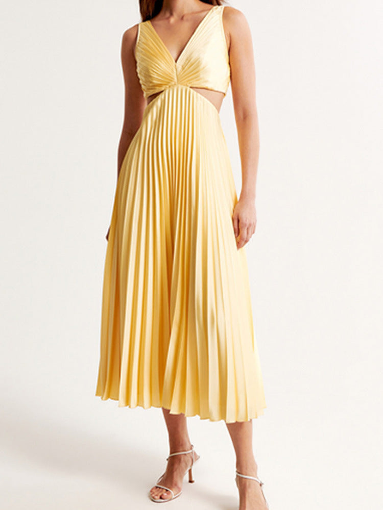 Ins Suspender Pleated Long Dress With Hollow-waisted Design Fashion V-neck Backless Dresses Summer Women's Clothing A&S Collection