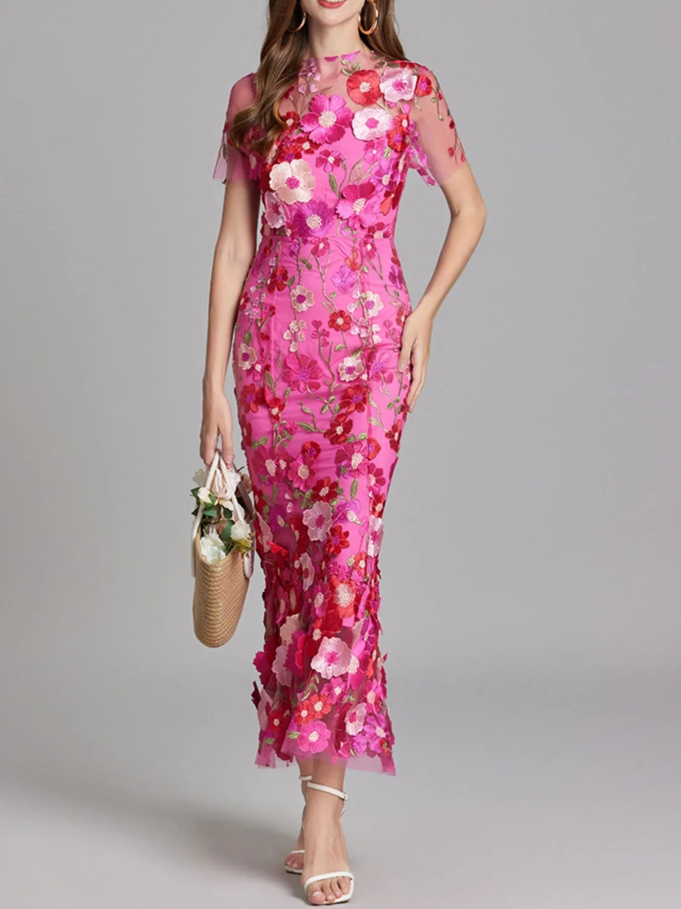 Floral Embroidered Mesh Overlay Maxi Dress.