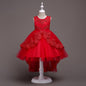 Elegant white flower girl dress with intricate lace and high-low hem. A&S Collection