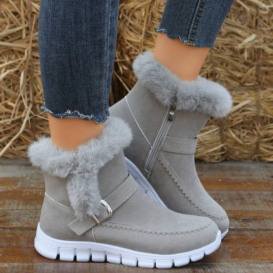 New Snow Boots Winter Warm Thickened Solid Color Plush Ankle Boots With Buckle Design Plus Velvet Flat Shoes For Women A&S Collection