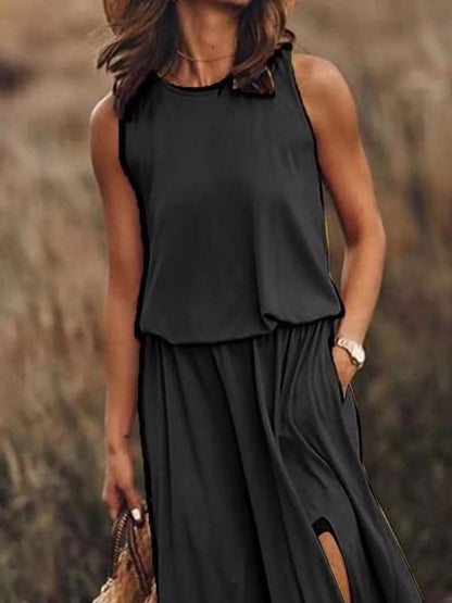 Full Size Round Neck Sleeveless Slit Maxi Dress Plus Size.