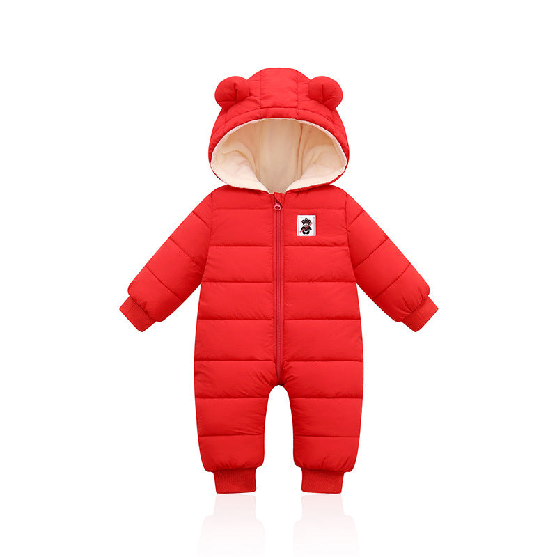 Cozy baby winter onesie with bear ears, padded for warmth with front zipper and bear patch design. A&S Collection