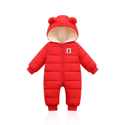 Cozy baby winter onesie with bear ears, padded for warmth with front zipper and bear patch design. A&S Collection