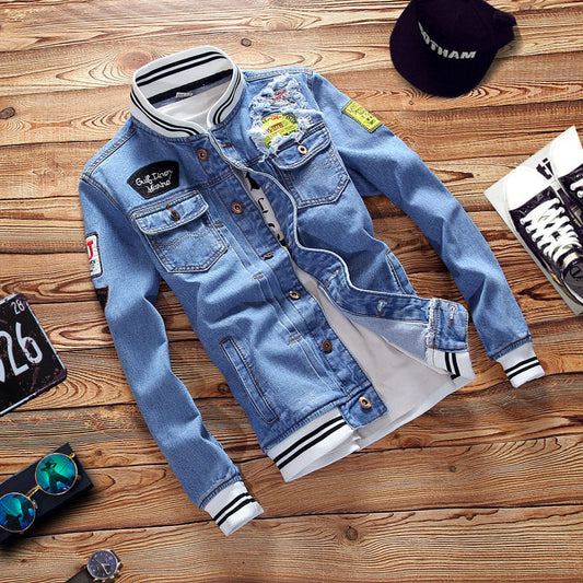 This stylish men's denim jacket features a casual, loose fit with trendy patches and embroidery, perfect for autumn and winter wear in the Harajuku BF style A&S Collection