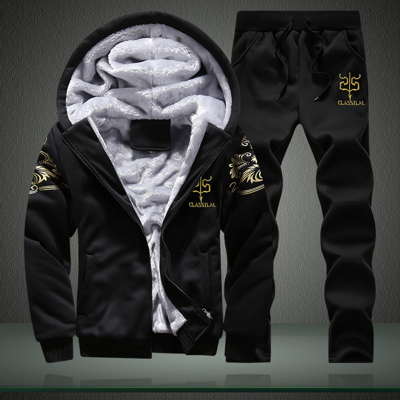 Cross border winter casual sports suit men's hooded and plush thick long sleeve pants two-piece large-size loose trend A&S Collection