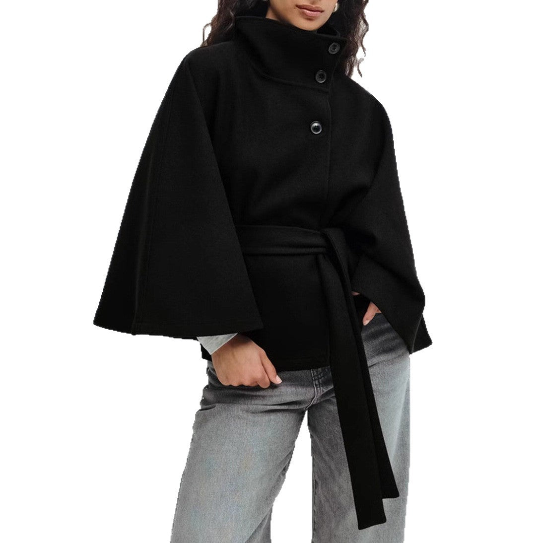 Winter High Neck Batwing Sleeve Coat With Belt Fashion Loose Elegant Button Top Trench Coat For Women Clothing A&S Collection
