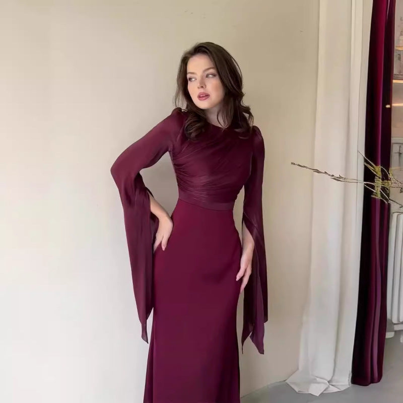 Elegant organza satin dress with patchwork design and slim fit, perfect for chic style A&S Collection