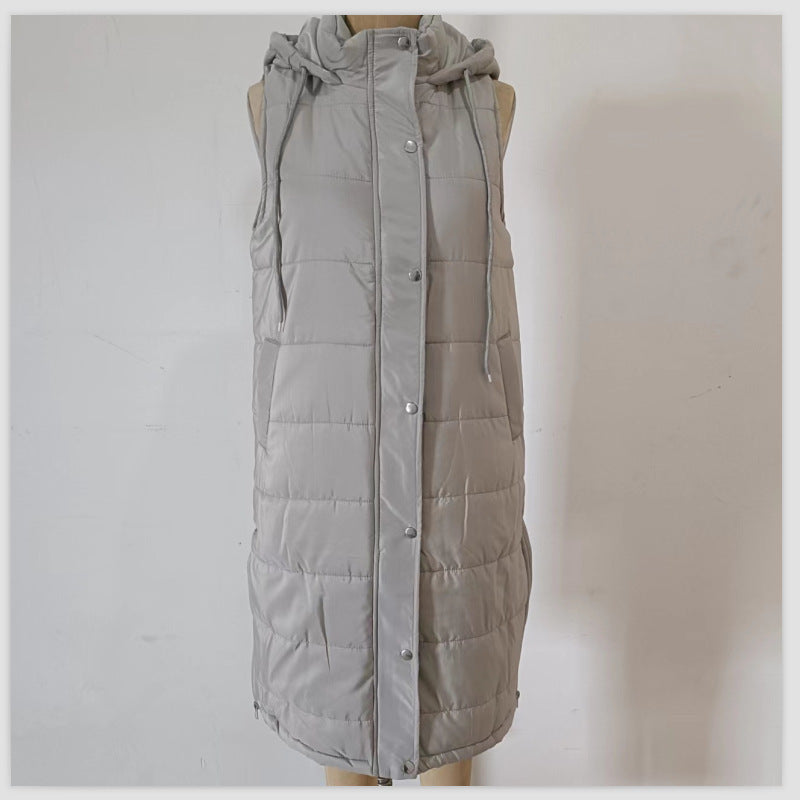 Solid color hooded single breasted medium long cotton-padded vest slim temperament cardigan coat top Hypersku