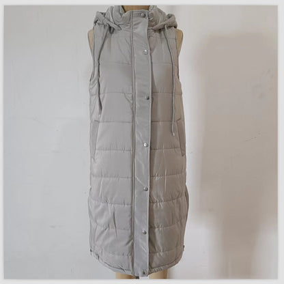 Solid color hooded single breasted medium long cotton-padded vest slim temperament cardigan coat top Hypersku
