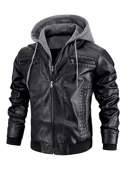 Men's Faux Leather Jacket Motorcycle Jacket Waterproof Windproof PU Moto Vintage Bomber Hoodie With Removable Hood A&S Collection