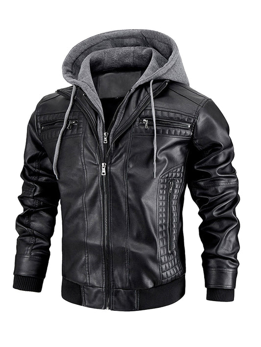 Men's Faux Leather Jacket Motorcycle Jacket Waterproof Windproof PU Moto Vintage Bomber Hoodie With Removable Hood A&S Collection
