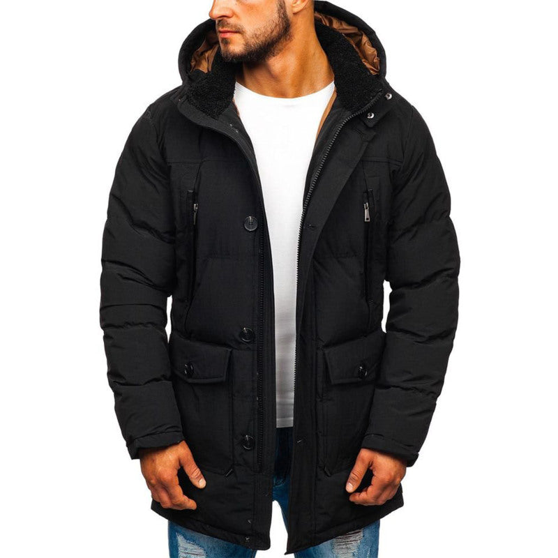 This sleek black hoodie features a straight hem and lapel zipper, ideal for casual winter wear with a modern, youthful touch A&S Collection
