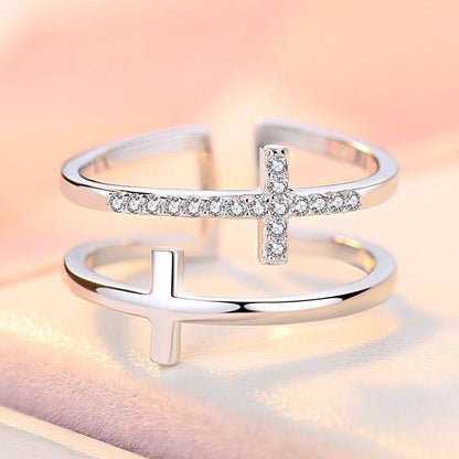 Double Cross Miniature Ring: Elegant Copper Design with Inlaid Zircon – Perfect for Adding a Touch of Sparkle and Sophistication to Any Look CJ