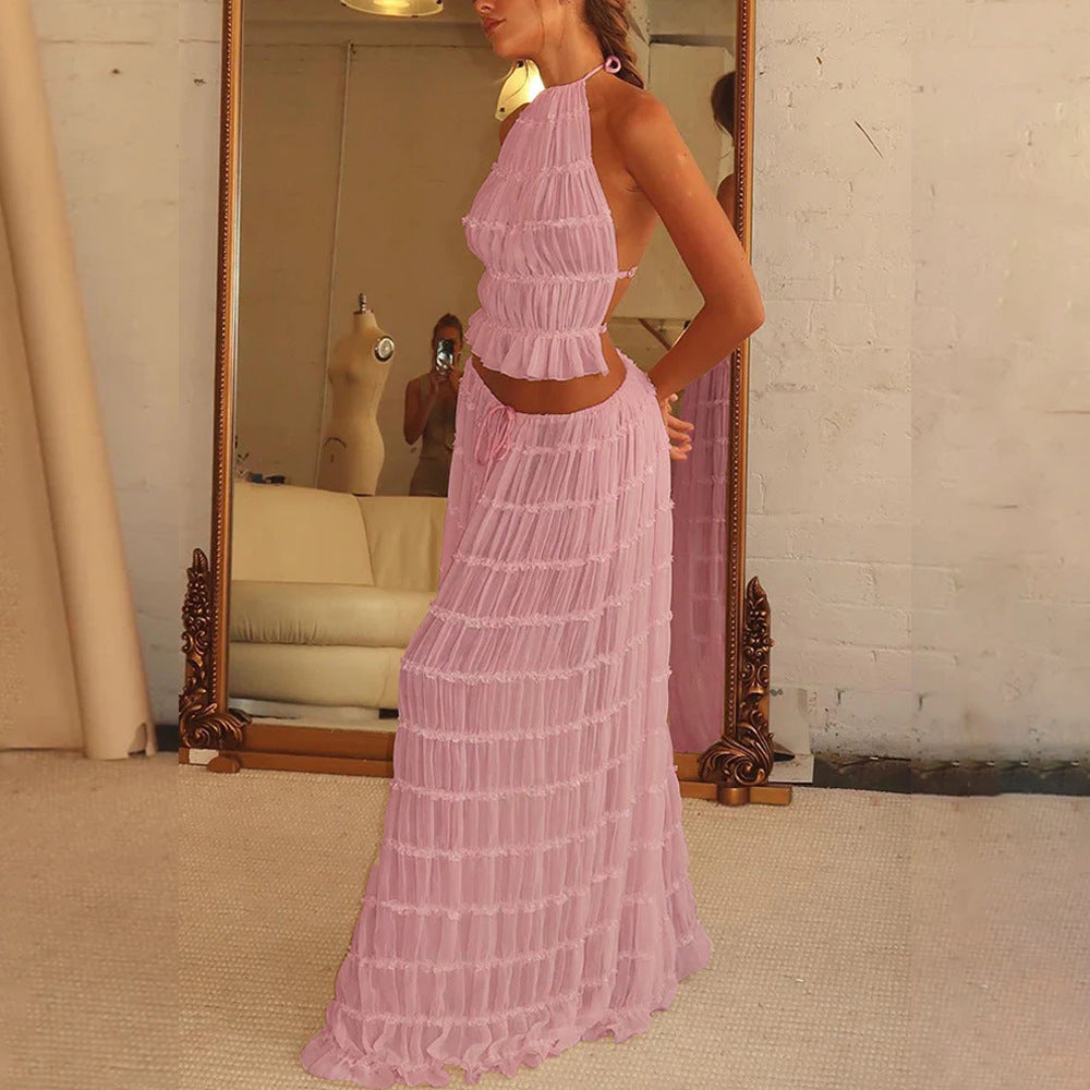 2pcs Women's Dress Suit Sexy Sleeveless Backless Cropped Halter Top And Pleated Long Skirt Beach Clothing A&S Collection