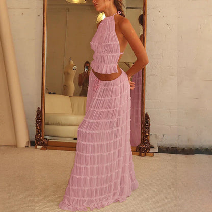 2pcs Women's Dress Suit Sexy Sleeveless Backless Cropped Halter Top And Pleated Long Skirt Beach Clothing A&S Collection