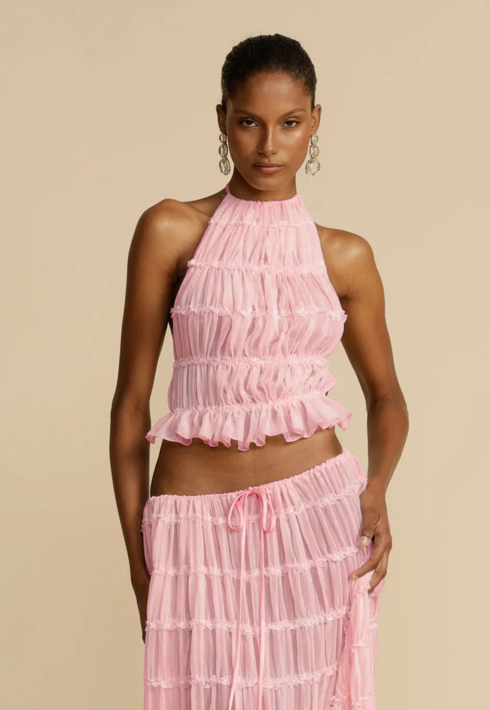 2pcs Women's Dress Suit Sexy Sleeveless Backless Cropped Halter Top And Pleated Long Skirt Beach Clothing A&S Collection