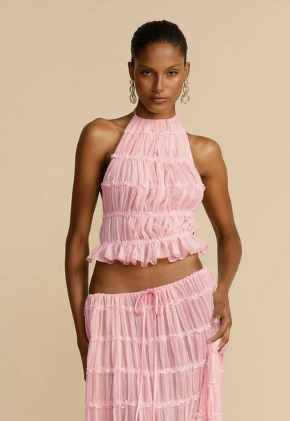 2pcs Women's Dress Suit Sexy Sleeveless Backless Cropped Halter Top And Pleated Long Skirt Beach Clothing A&S Collection