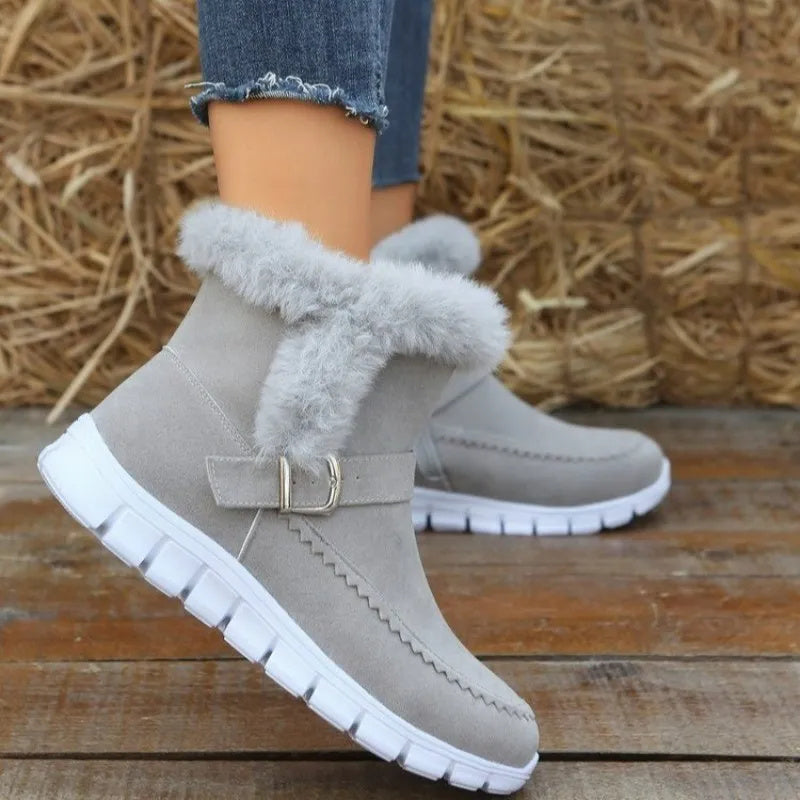 New Snow Boots Winter Warm Thickened Solid Color Plush Ankle Boots With Buckle Design Plus Velvet Flat Shoes For Women A&S Collection