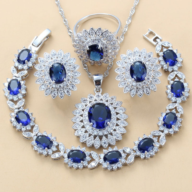 Garnet Cubic Zirconia Earrings Pendant Necklace Bracelet Ring Gift 4 PCs Set A&S Collection