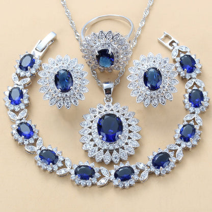 Garnet Cubic Zirconia Earrings Pendant Necklace Bracelet Ring Gift 4 PCs Set A&S Collection