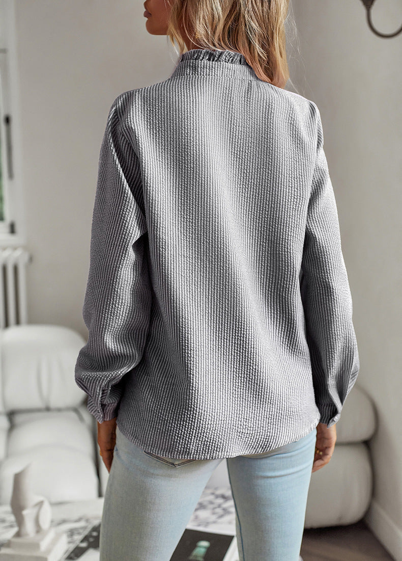 Striped Long Sleeve Shirt Fashion Ruffle Design Button Up Tops Casual Office Blouse Elegant Commuting Women's Clothing A&S Collection