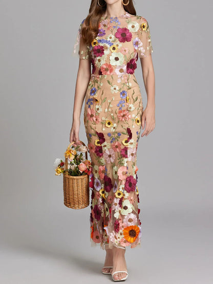 Floral Embroidered Mesh Overlay Maxi Dress.
