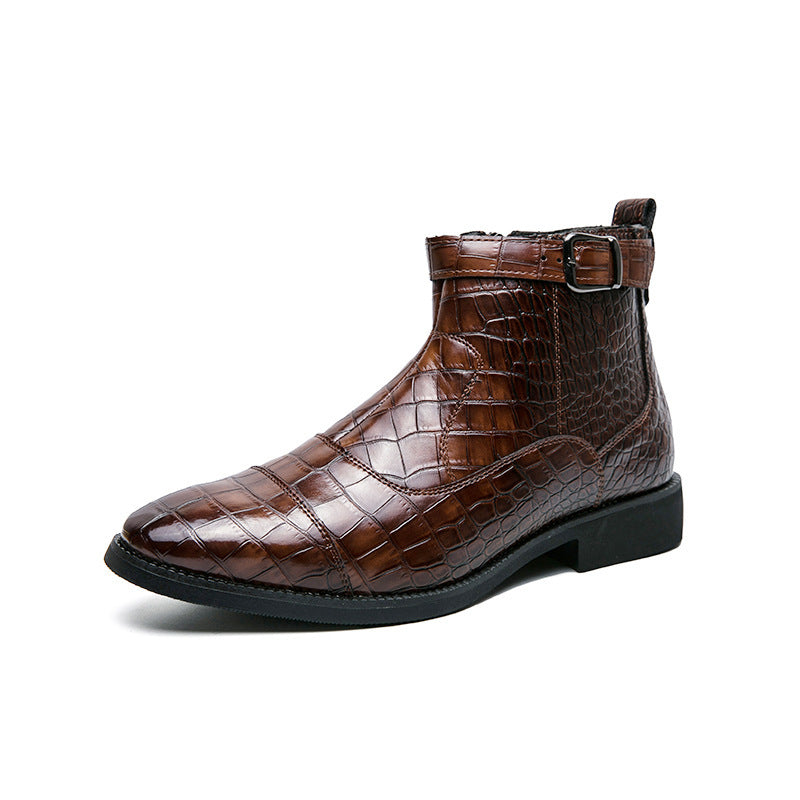 Men's Crocodile Pattern Boots Fashion Pointed Toe Low Square Heel Buckle Zipper Ankle Boots Business Formal Leather Shoes A&S Collection