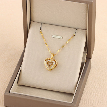 Double-layer Love Necklace With Rhinestones Titanium Steel Pendant Fashion Jewelry Woman Valentines Day Gift A&S Collection