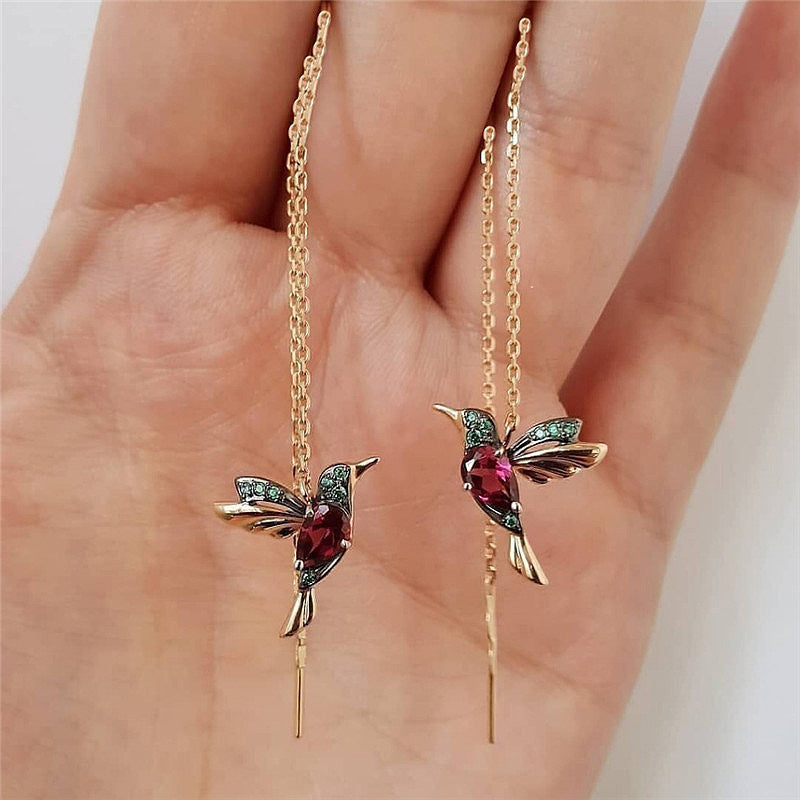 Elegant Hummingbird Earrings: Unique Long Drop Design with Tassels and Crystal Pendants – Perfect for Women and Girls Seeking Fashionable Jewelry CJ