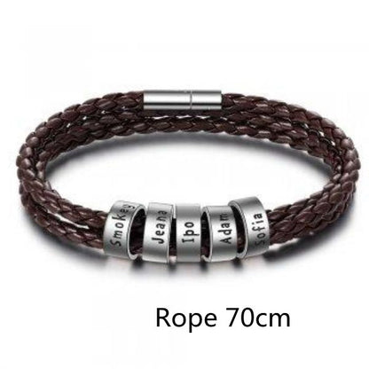Personalized Mens Braided Genuine Leather Bracelet Stainless Steel Custom Beads Name Charm Bracelet For Men With Family Names A&S Collection