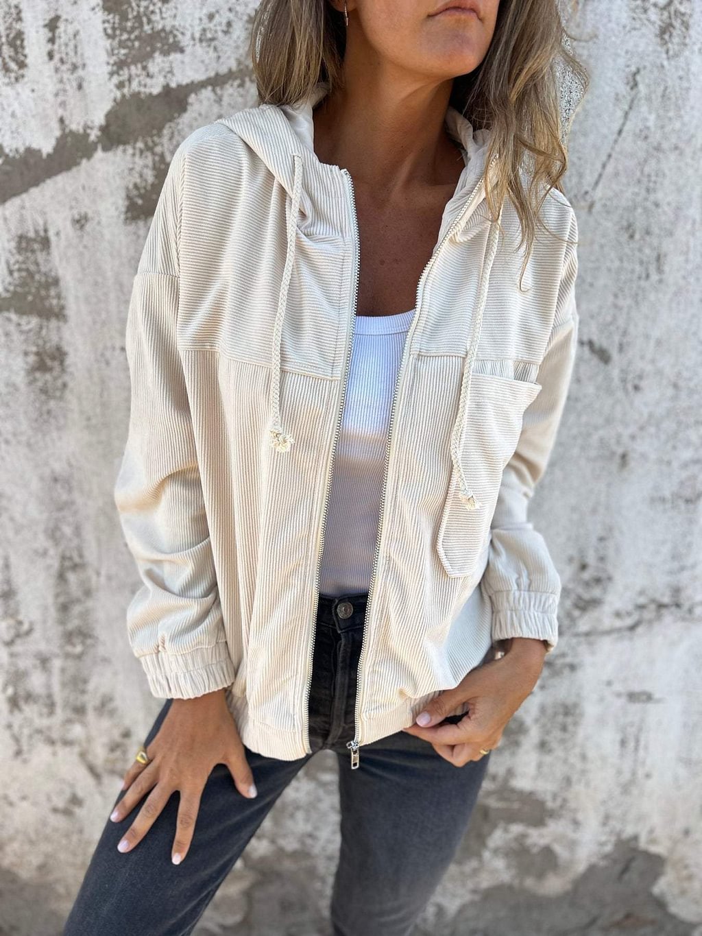 Corduroy Hooded Zip-up Jacket With Pockets Fashion Casual Drawstring Tops Outerwear Women's Clothing CJ