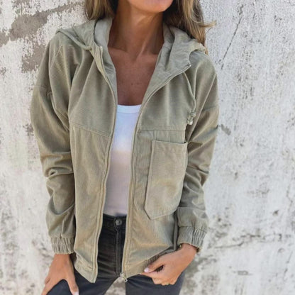Corduroy Hooded Zip-up Jacket With Pockets Fashion Casual Drawstring Tops Outerwear Women's Clothing