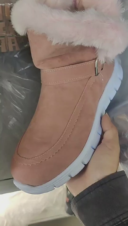 New Snow Boots Winter Warm Thickened Solid Color Plush Ankle Boots With Buckle Design Plus Velvet Flat Shoes For Women