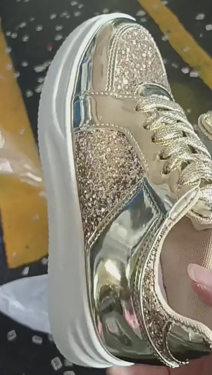 Stylish Lace-Up Sequin Flats: Casual Sports Shoes for Women with Thick Bottom and Non-Slip Design – Perfect for Effortless Walks