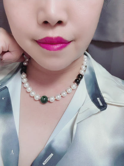 Duality in Bloom – Freshwater Pearl, Gold-Sheen Obsidian & Imperial Jadeite